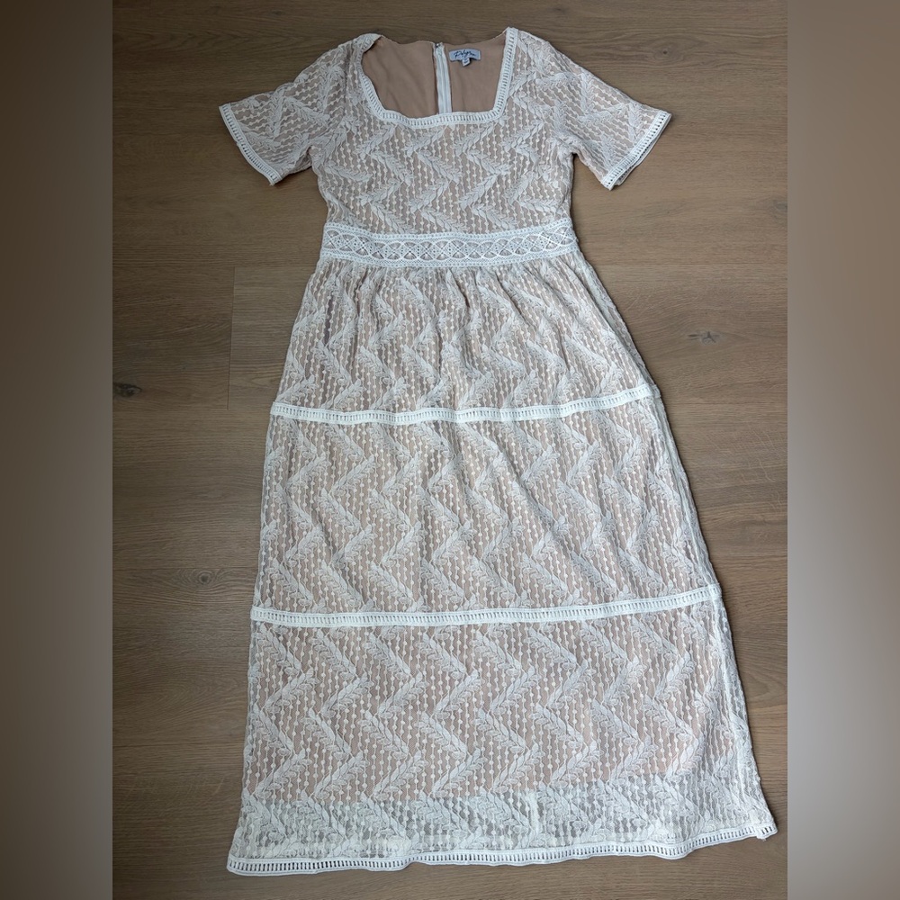 Lace-Overlay Maxi Dress in Nude with White Trim